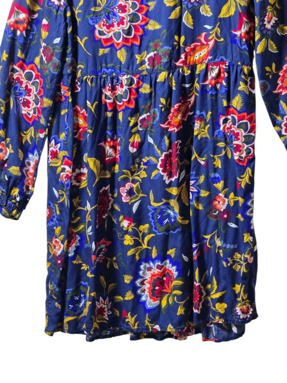 Old Navy Floral Boho Peasant Dress L Tall Blue Red Long Sleeve Pintuck Tie Neck